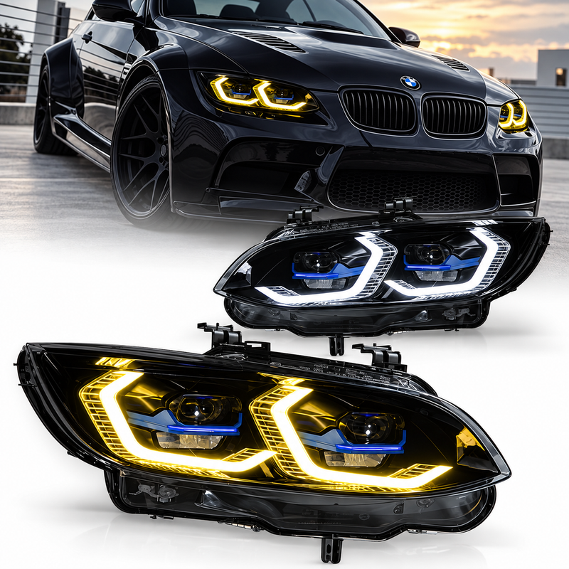 2006-2010 BMW 3-Series/M3 Yellow-White DRL Ikon Style LED Headlights | E92/E93 Pre-LCI