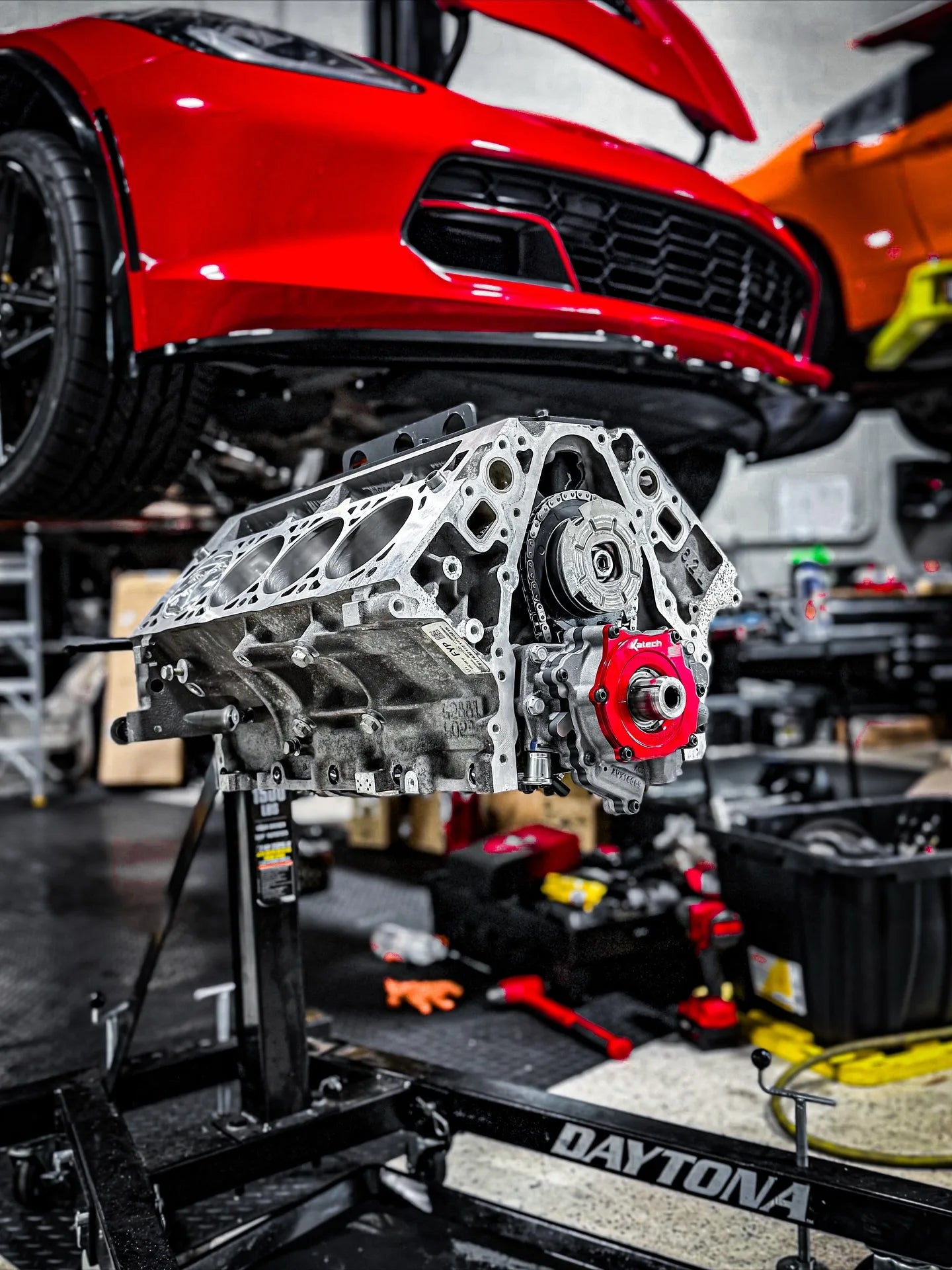 An LT4 out of a C7 Z06 on the stand at the shop